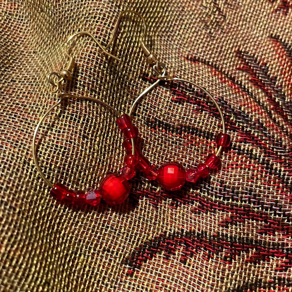 Handmade Goldtone Hoops w Variety of Red Beads & Hypoallergenic Hooks